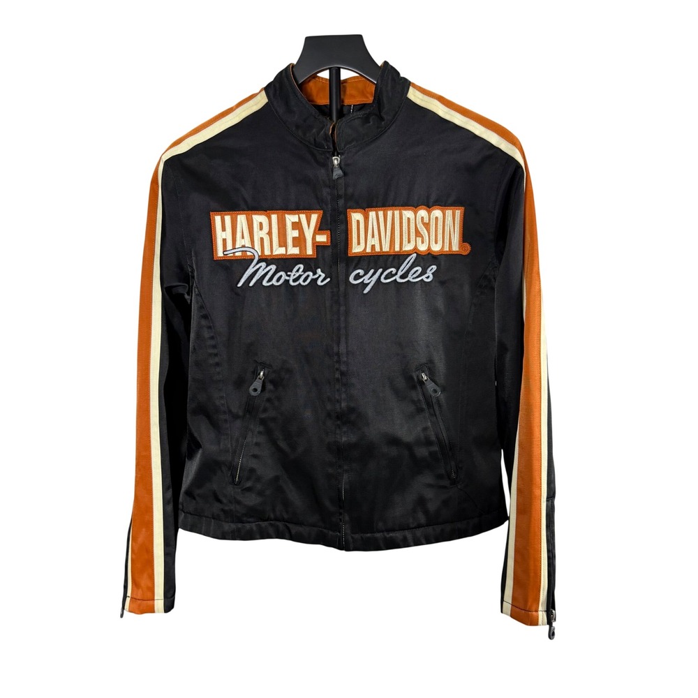 HarleyDavidson Womens Black Orange Racing Stripe Mesh Lined Riding Jacket Medium